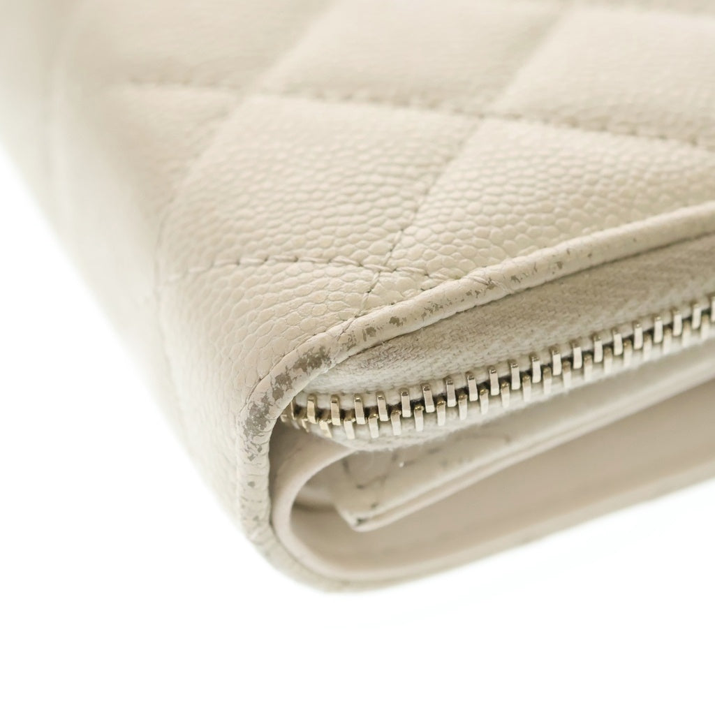 CHANEL(シャネル) ラウンドファスナー ミニ財布 ウォレット コインケース ホワイト キャビアスキン ゴールド金具 レディース