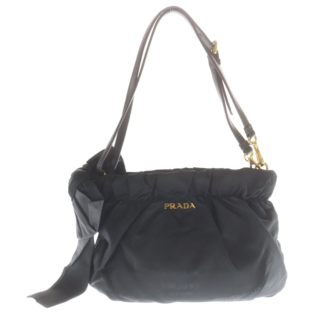 PRADA(プラダ) リボン ハンドバッグ ショルダーバッグ ブラック ナイロン×レザー ゴールド金具 レディース