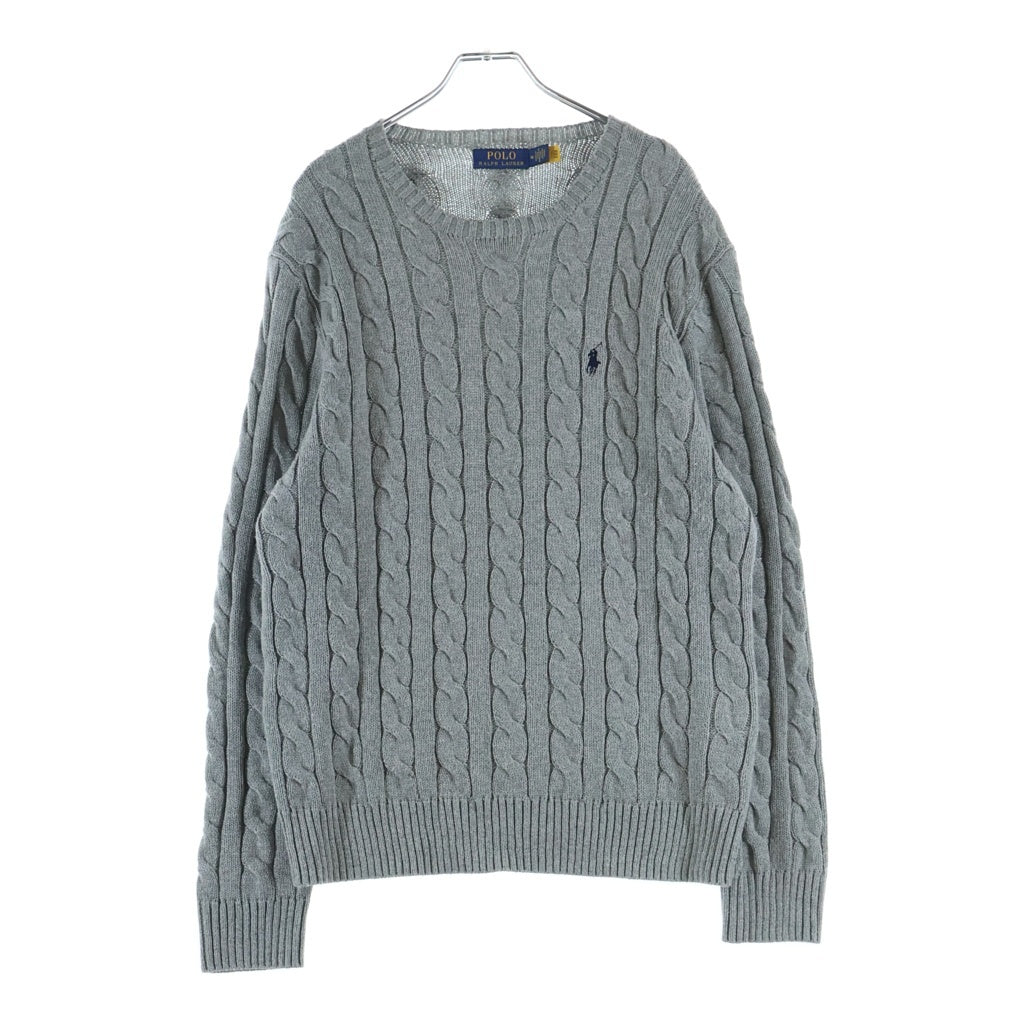 POLO RALPH LAUREN(ポロラルフローレン) ワンポイントロゴ刺繍 クルーネック ケーブル コットン ニット セーター グレー 41381 レディース