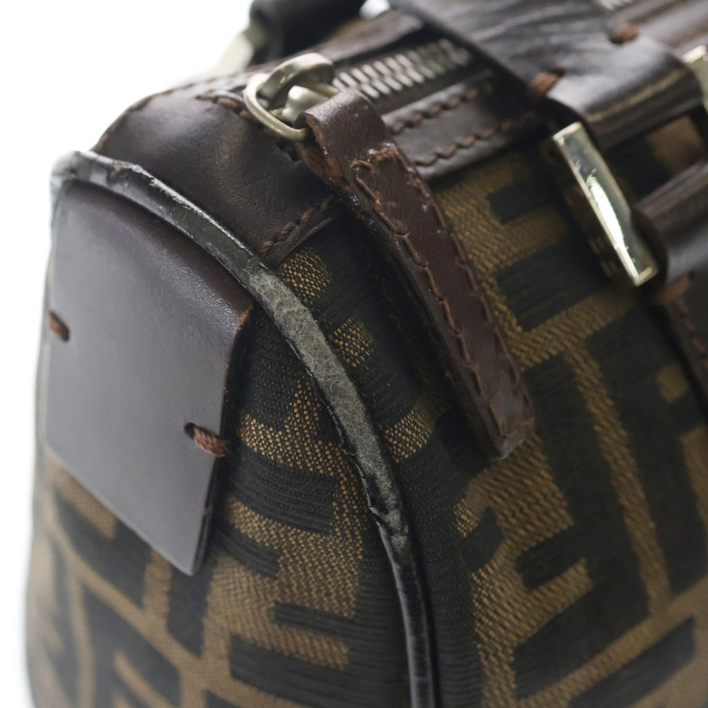 FENDI(フェンディ) ズッカ ミニボストンバッグ ハンドバッグ ブラウン レザー×ナイロンキャンバス シルバー金具 レディース