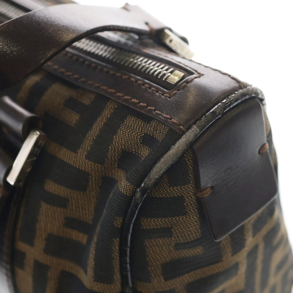 FENDI(フェンディ) ズッカ ミニボストンバッグ ハンドバッグ ブラウン レザー×ナイロンキャンバス シルバー金具 レディース