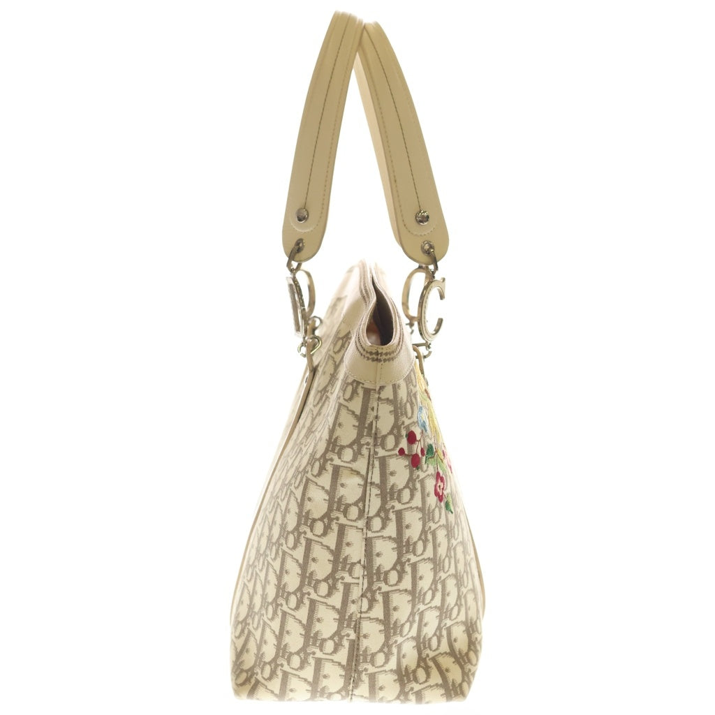 Christian Dior(クリスチャンディオール) トロッター フラワー 刺繍 トートバッグ ハンドバッグ アイボリー レザー シルバー金具 レディース