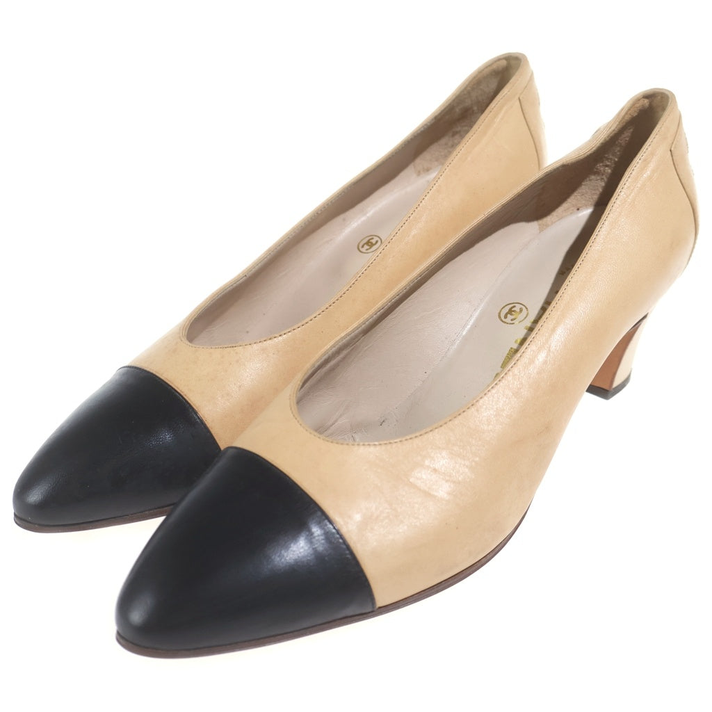 CHANEL(シャネル) ココマーク レザー バイカラー ヒール パンプス シューズ #36 1/2 ベージュ/ブラック レディース