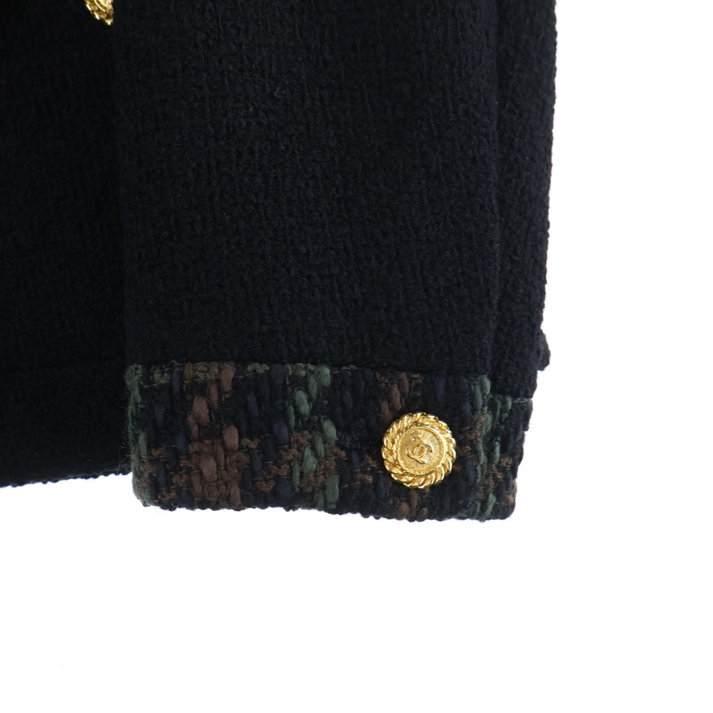 CHANEL(シャネル) ココボタン ウール ツイード セットアップ ヴィンテージ ノーカラージャケット #38 ブラック/グリーン/ブラウン 20832 レディース