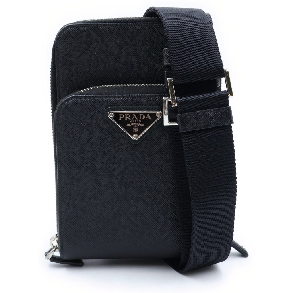 PRADA(プラダ) トライアングルロゴ サフィアーノ レザー ショルダーバッグ フォンケース フォンポーチ ICタイプ ブラック 2ZH126