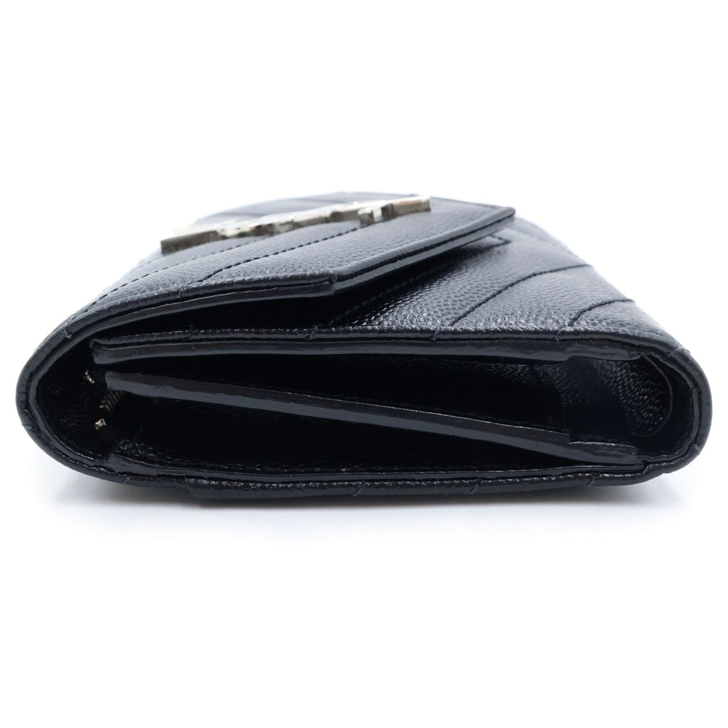 YVES SAINT LAURENT(イヴサンローラン) カサンドラ Vステッチ コンパクトスリーフォールドウォレット 3つ折り財布 レザー シルバー金具 ブラック 403943 レディース