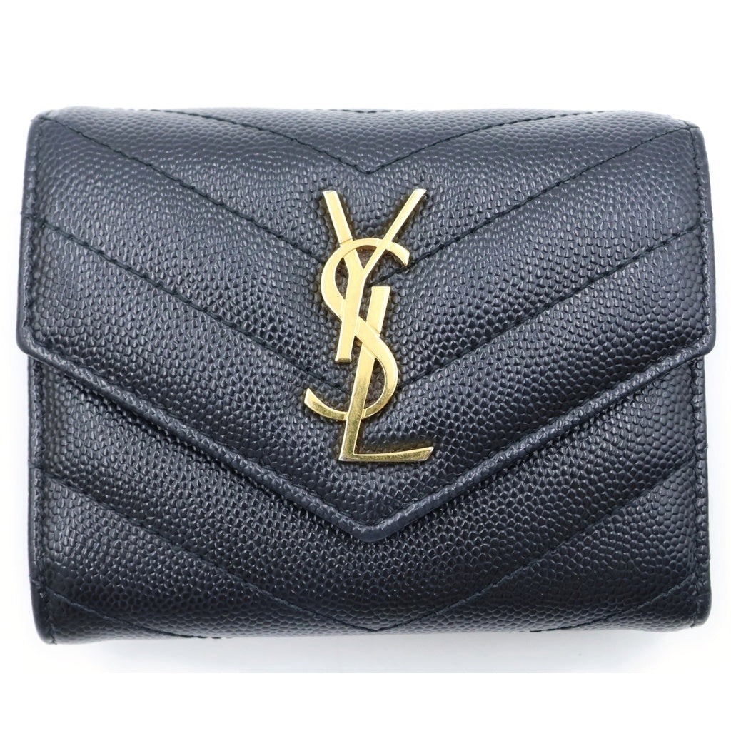 YVES SAINT LAURENT(イヴサンローラン) モノグラム マルチフォールドウォレット コンパクト 3つ折り財布 レザー ゴールド金具 ブラック 692061 レディース