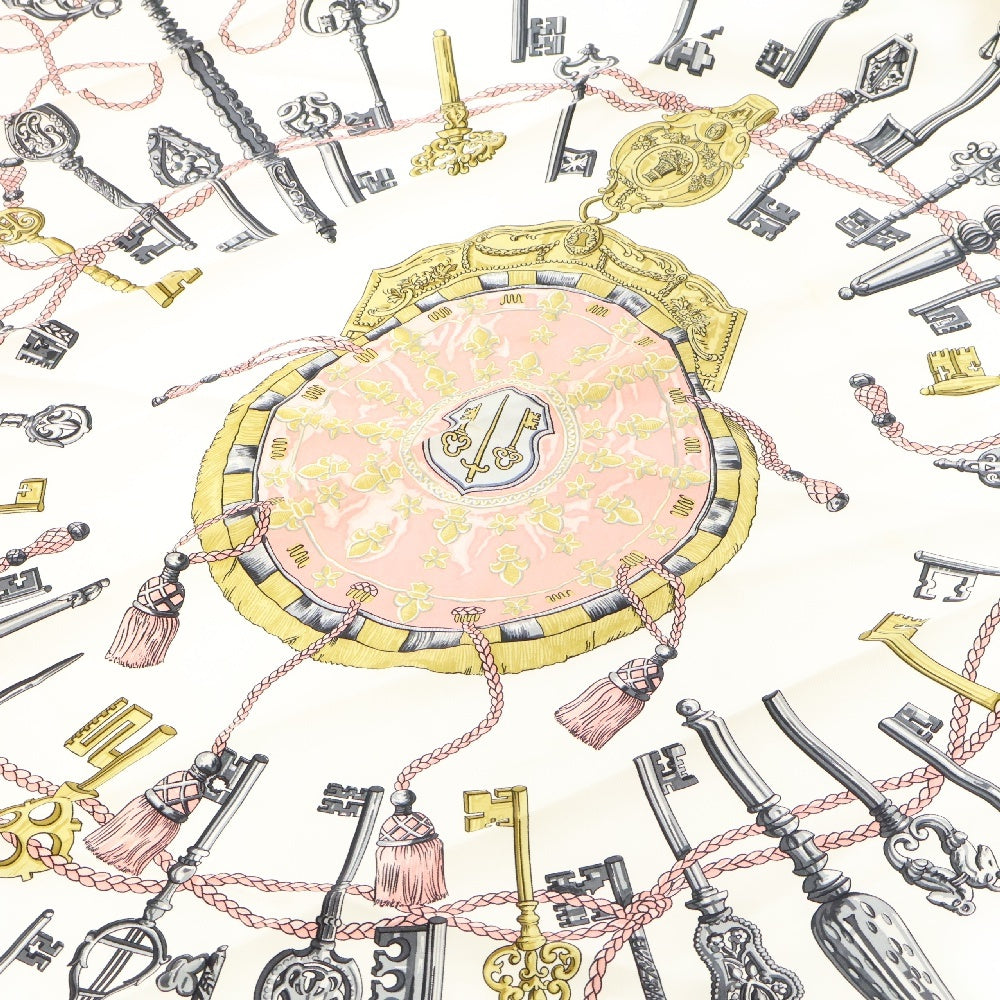 HERMES(エルメス) カレ90 LES CLES 鍵モチーフ シルク スカーフ ピンク×ホワイト