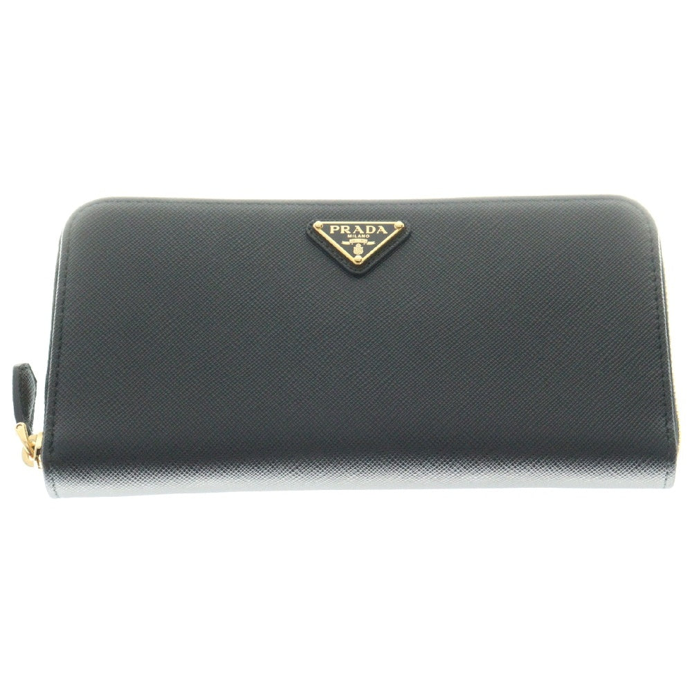PRADA(プラダ) サフィアーノ 三角ロゴ ラウンドジップ ウォレット 長財布 ブラック レザー ゴールド金具 1ML506