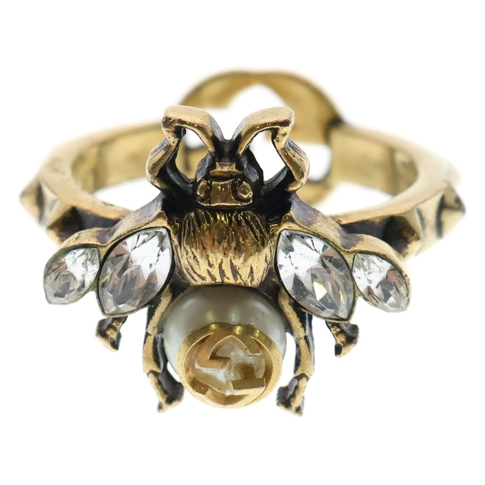 GUCCI(グッチ) Bee インターロッキングG ビー ラインストーン フェイクパール スタッズ リング 指輪 ゴールド 16号