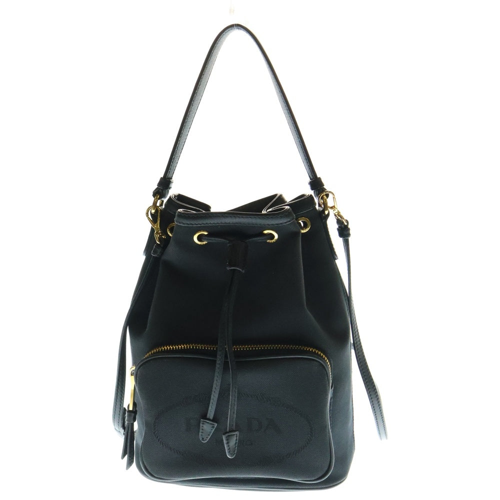 PRADA(プラダ) デュエット ロゴプリント キャンバス レザー ショルダー バケット バッグ ゴールド金具 ブラック 1BH038