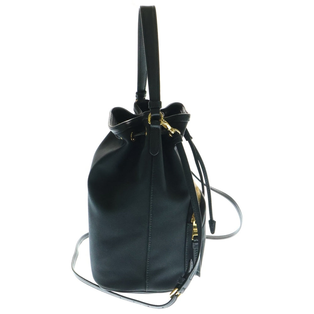 PRADA(プラダ) デュエット ロゴプリント キャンバス レザー ショルダー バケット バッグ ゴールド金具 ブラック 1BH038