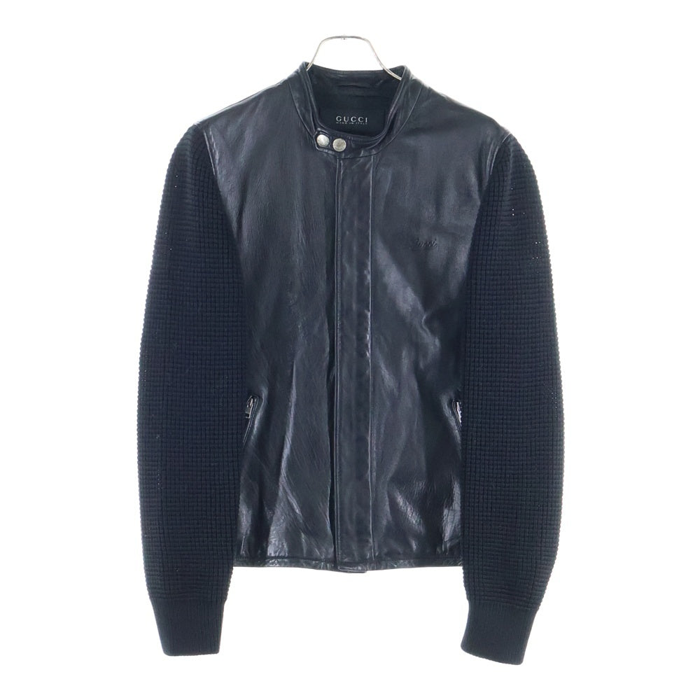 GUCCI(グッチ) エンボスロゴ ニット切り替え ラムレザー ジップアップ シングルライダース ジャケット ブラック 323271