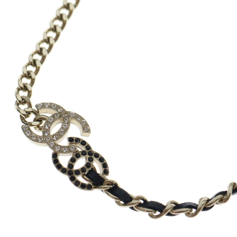 CHANEL(シャネル) ココマーク ラインストーン レザー チェーン チョーカー ネックレス ゴールド/ブラック A23V レディース