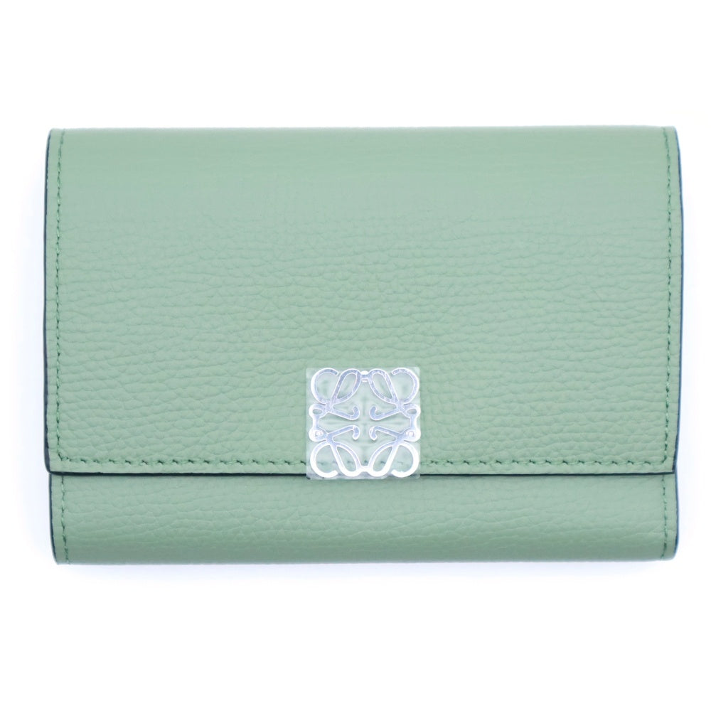 LOEWE(ロエベ) アナグラム トライフォールド コンパクトウォレット 三つ折り財布 コインケース イエローグリーン レザー シルバー金具 レディース