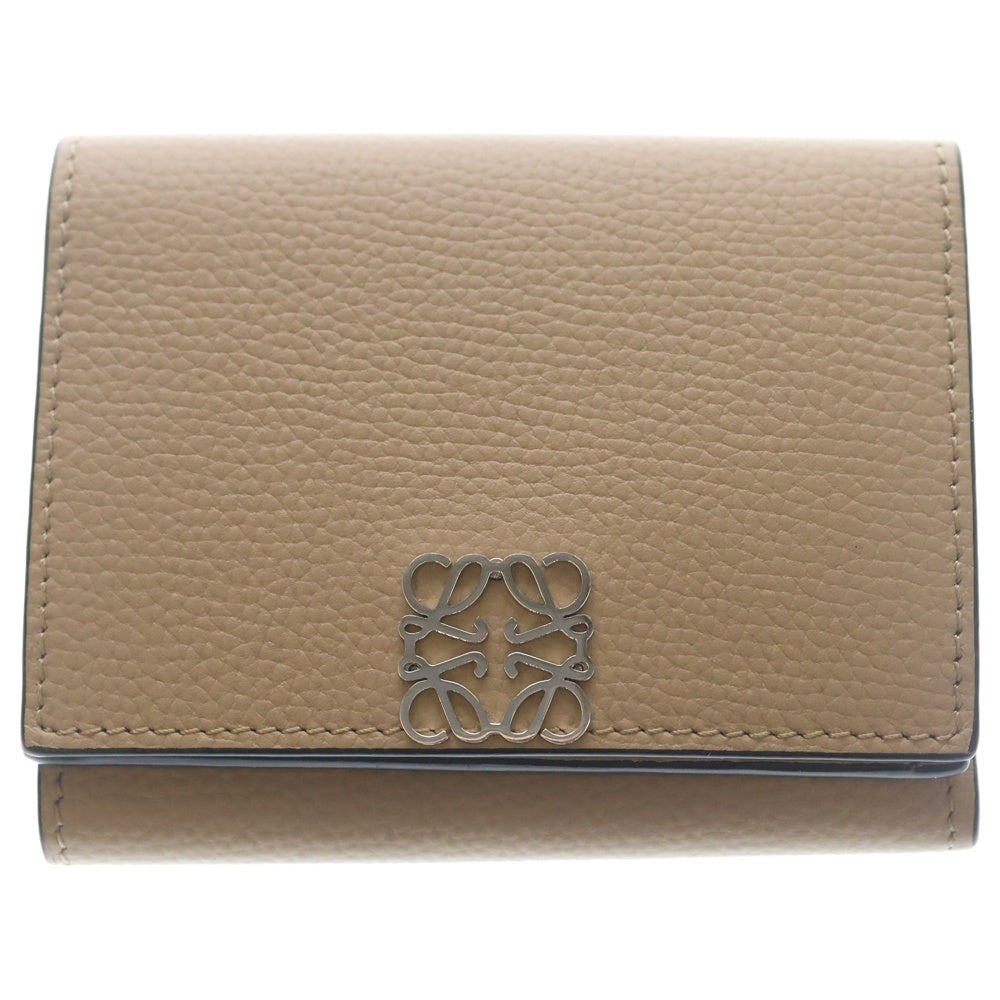LOEWE(ロエベ) アナグラムロゴ レザー トライフォールド コンパクトウォレット 三つ折り財布 シルバー金具 ベージュ レディース