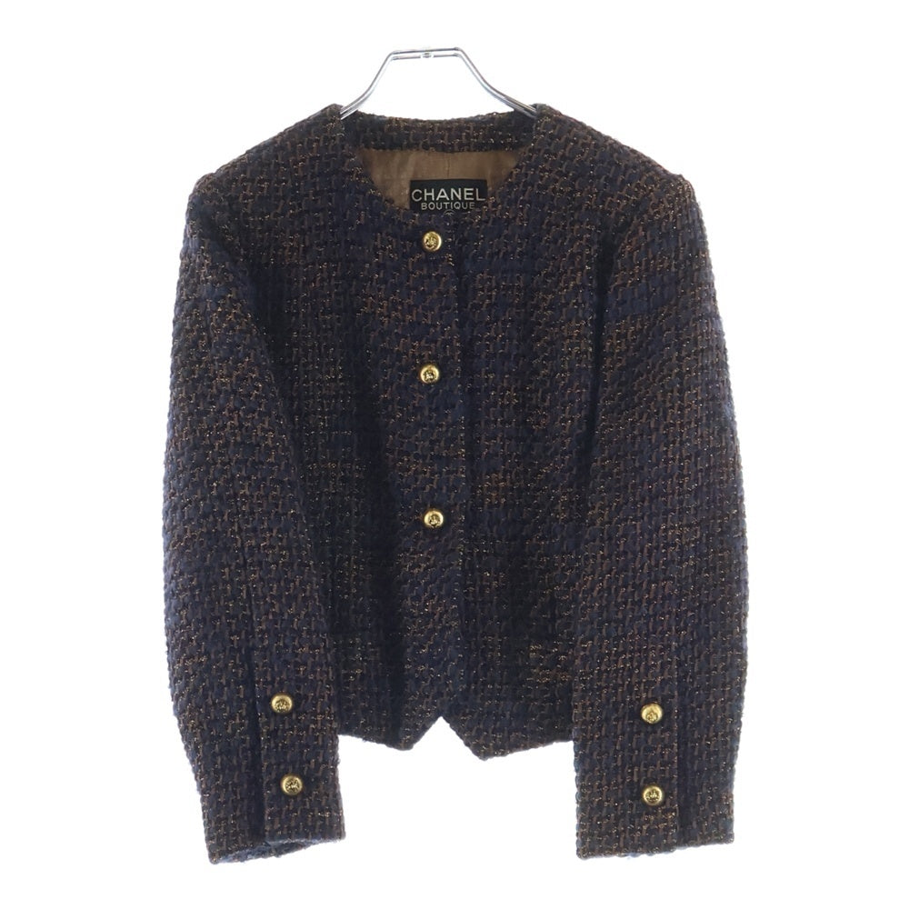 CHANEL(シャネル) 82AW ライオンボタン ラメツイード ノーカラージャケット ネイビー/ブラウン レディース 2M908