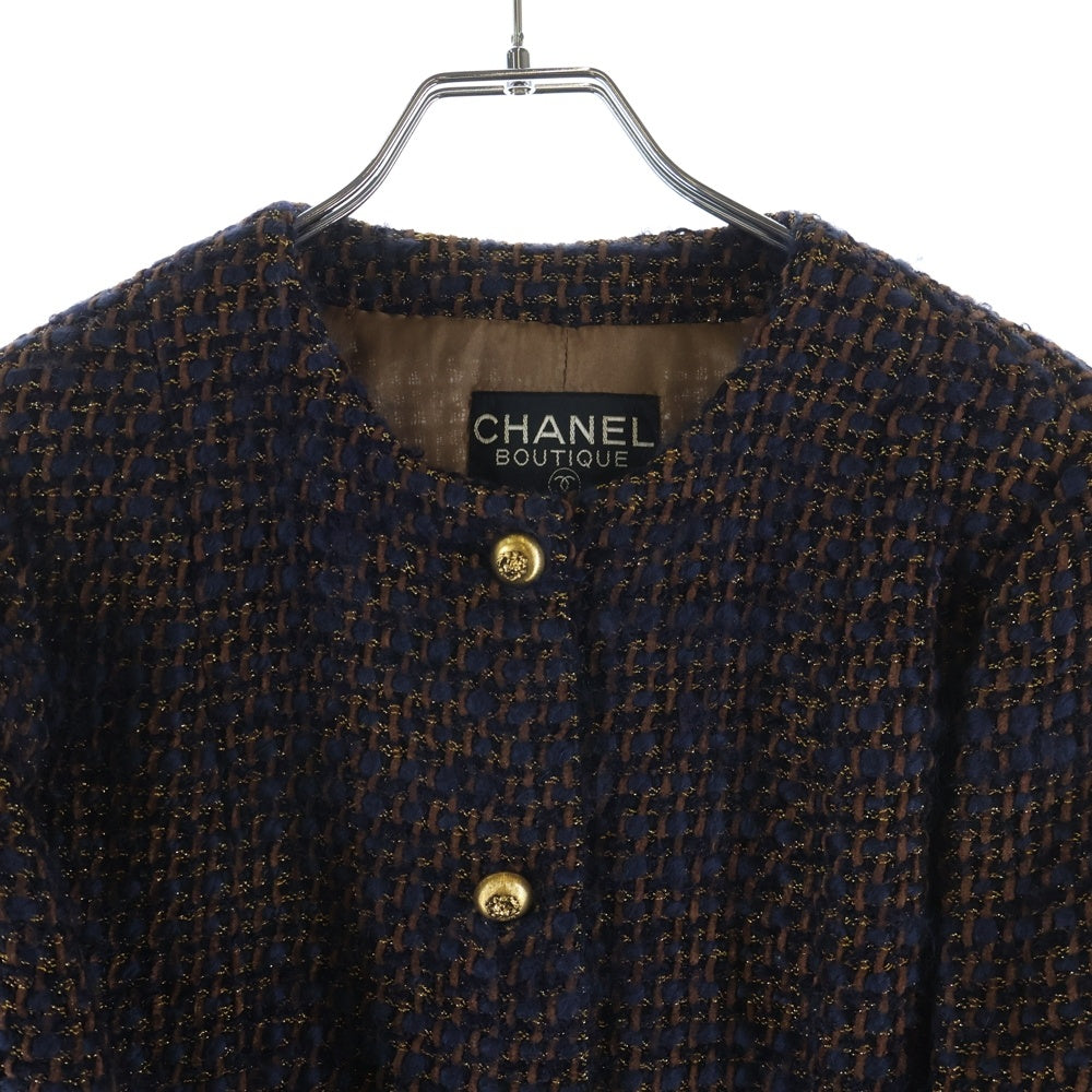 CHANEL(シャネル) 82AW ライオンボタン ラメツイード ノーカラージャケット ネイビー/ブラウン レディース 2M908