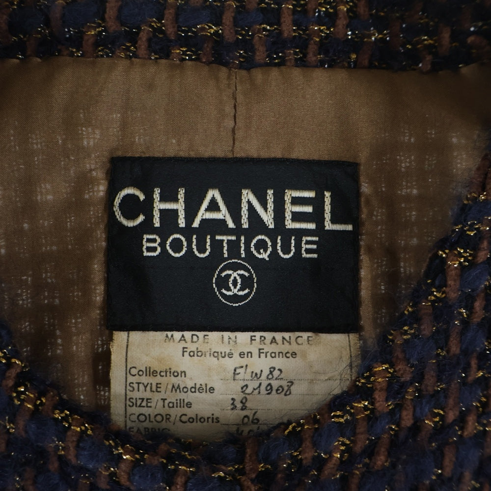 CHANEL(シャネル) 82AW ライオンボタン ラメツイード ノーカラージャケット ネイビー/ブラウン レディース 2M908