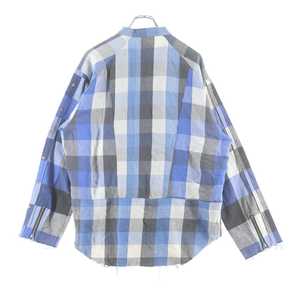 OLD PARK(オールドパーク) HALF-BOTTON SHIRT チェック総柄 フランネル ギミック 長袖 シャツ ブルー