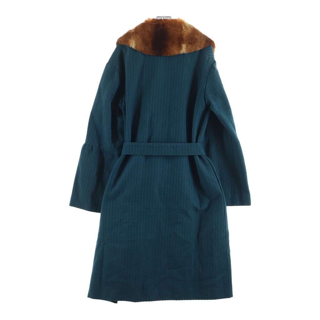 DRIES VAN NOTEN(ドリスヴァンノッテン) 総柄ジャガード ファー襟 ベルテッド ガウン ロング コート ブルー レディース