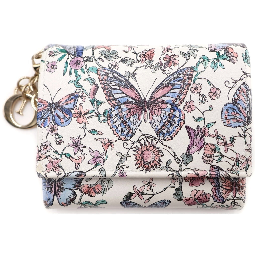 Christian Dior(クリスチャンディオール) カナージュ パピヨン フラワー コンパクトウォレット 三つ折り財布 コインケース ホワイト マルチカラー ゴールド金具 レディース