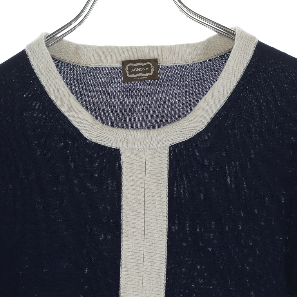 NO BRAND(ノーブランド) フロントラインデザイン 半袖トップス シルク コットン ネイビー AAB90 AG119 レディース