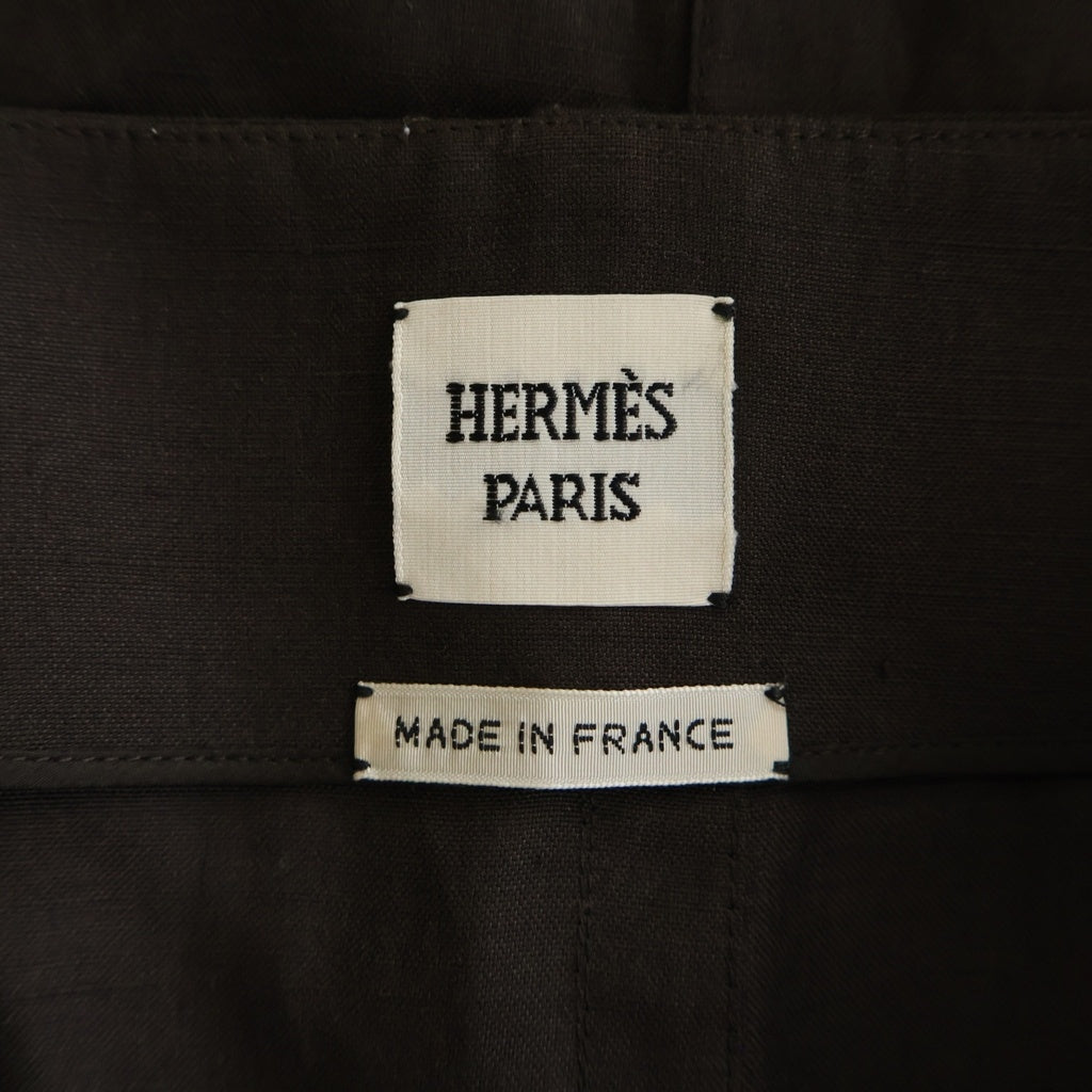 HERMES(エルメス) フロントボタンデザイン カーゴスカート シルク リネン フランス製 ブラウン レディース