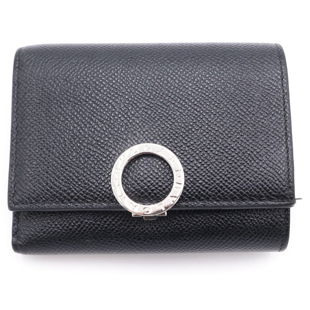 BVLGARI(ブルガリ) ブルガリブルガリ 三つ折り財布 コンパクトウォレット コインケース ブラック レザー シルバー金具 レディース