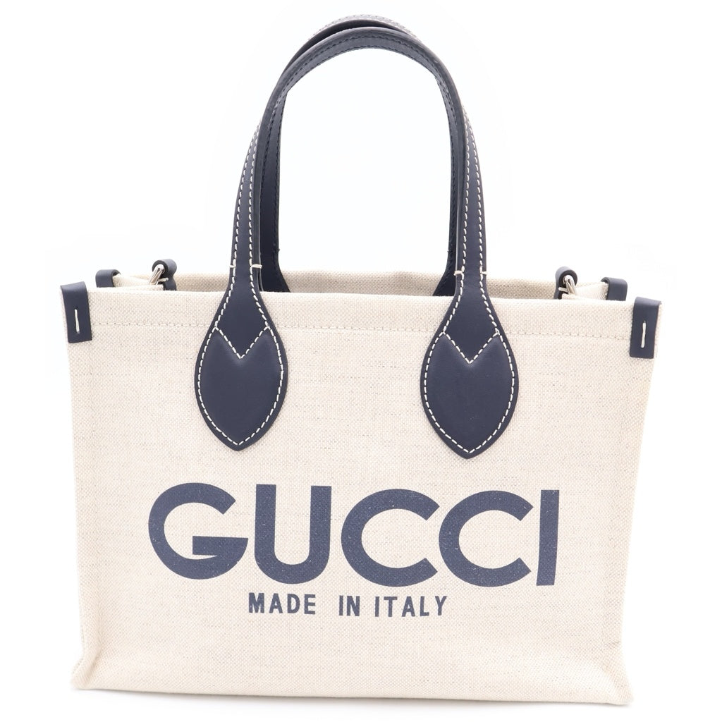 GUCCI(グッチ) ロゴトートバッグ ハンドバッグ アイボリー×ネイビー レザー×キャンバス 772144 シルバー金具 レディース