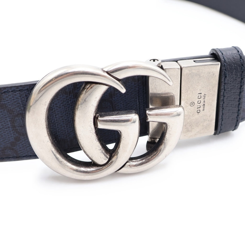 GUCCI(グッチ) インターロッキングGバックル レザーベルト ネイビー GGスプリーム 627055 シルバー金具