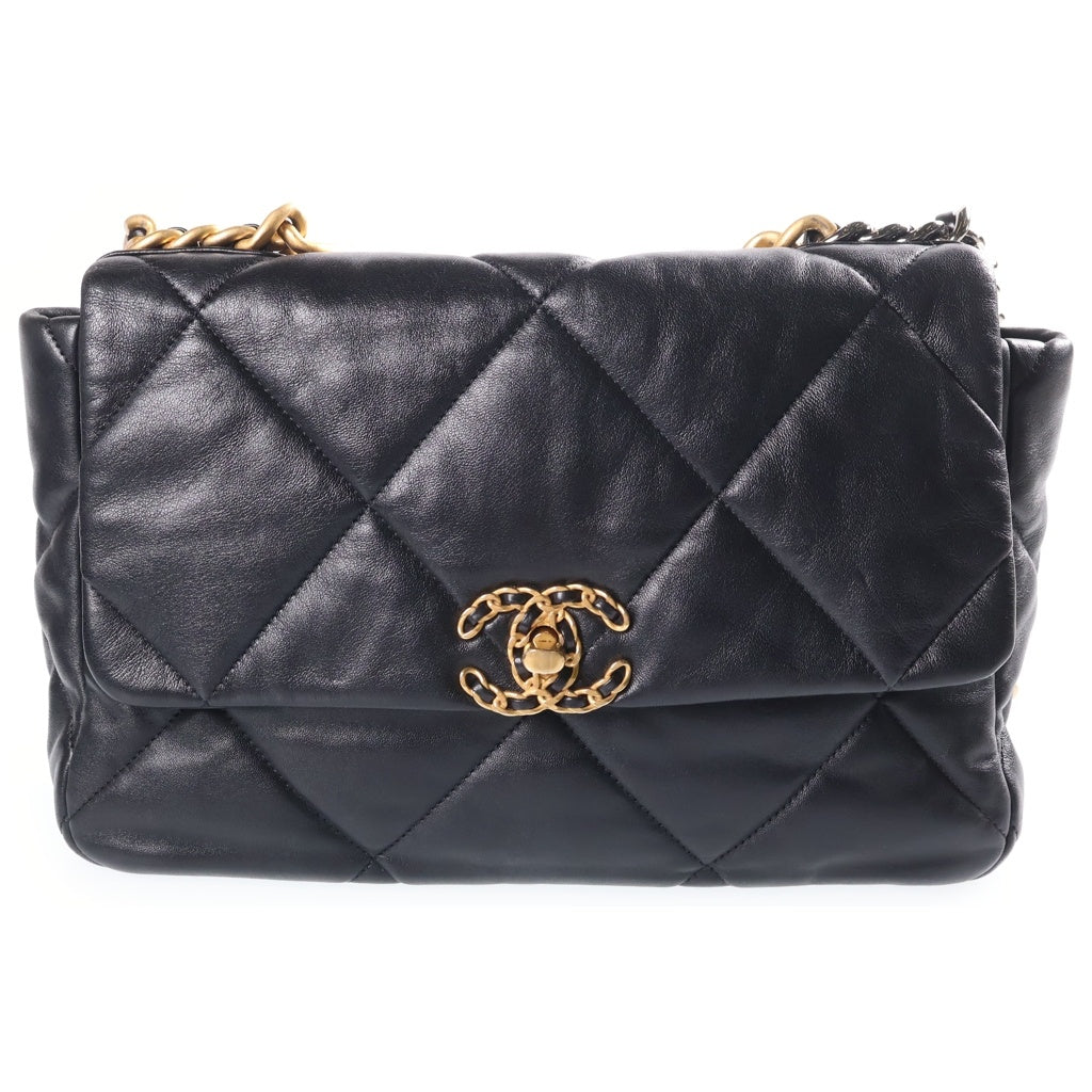 CHANEL(シャネル) シャネル19 チェーンショルダーバッグ ブラック ラムスキン プレートシリアル AS1161 ゴールド×シルバー金具 レディース