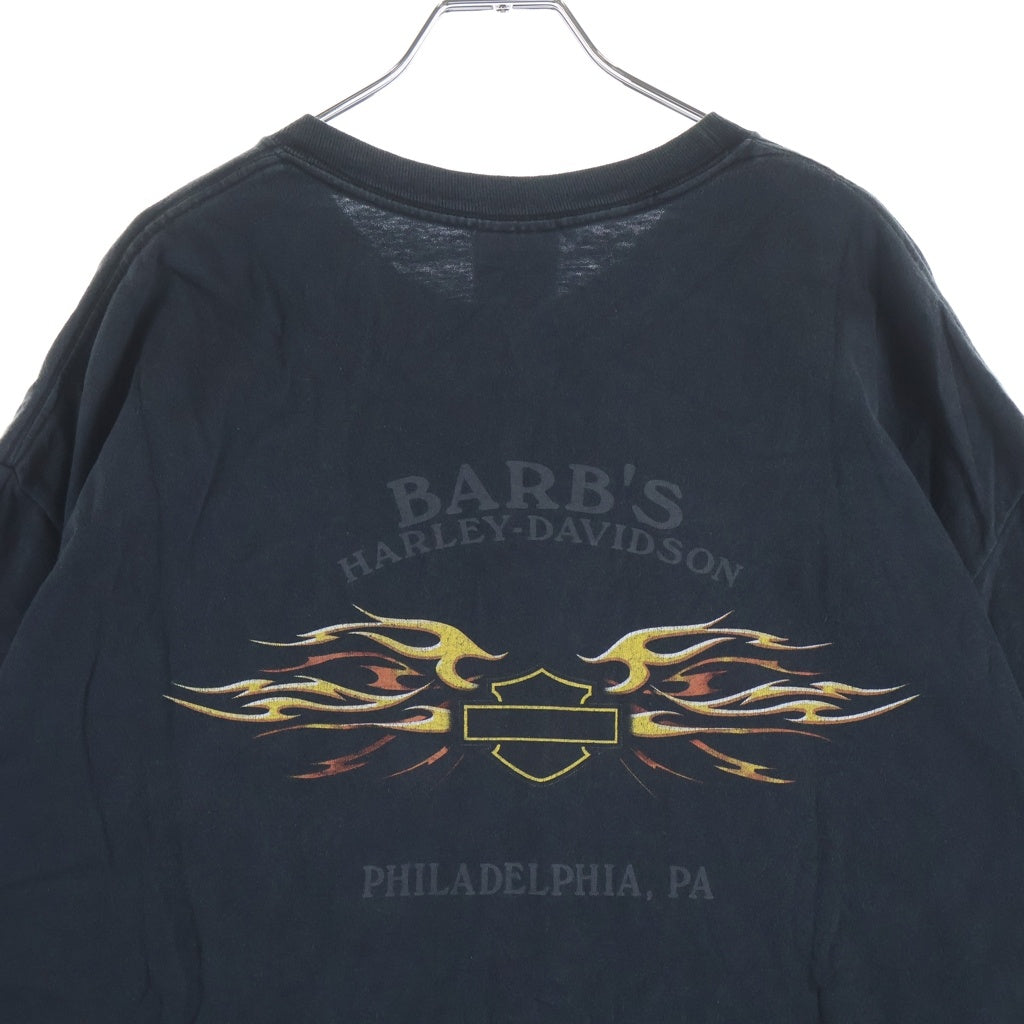 HARLEY DAVIDSON(ハーレーダビッドソン) USA製 ファイヤーパターン ロゴ両面プリント フロントポケットTシャツ 半袖カットソー ブラック