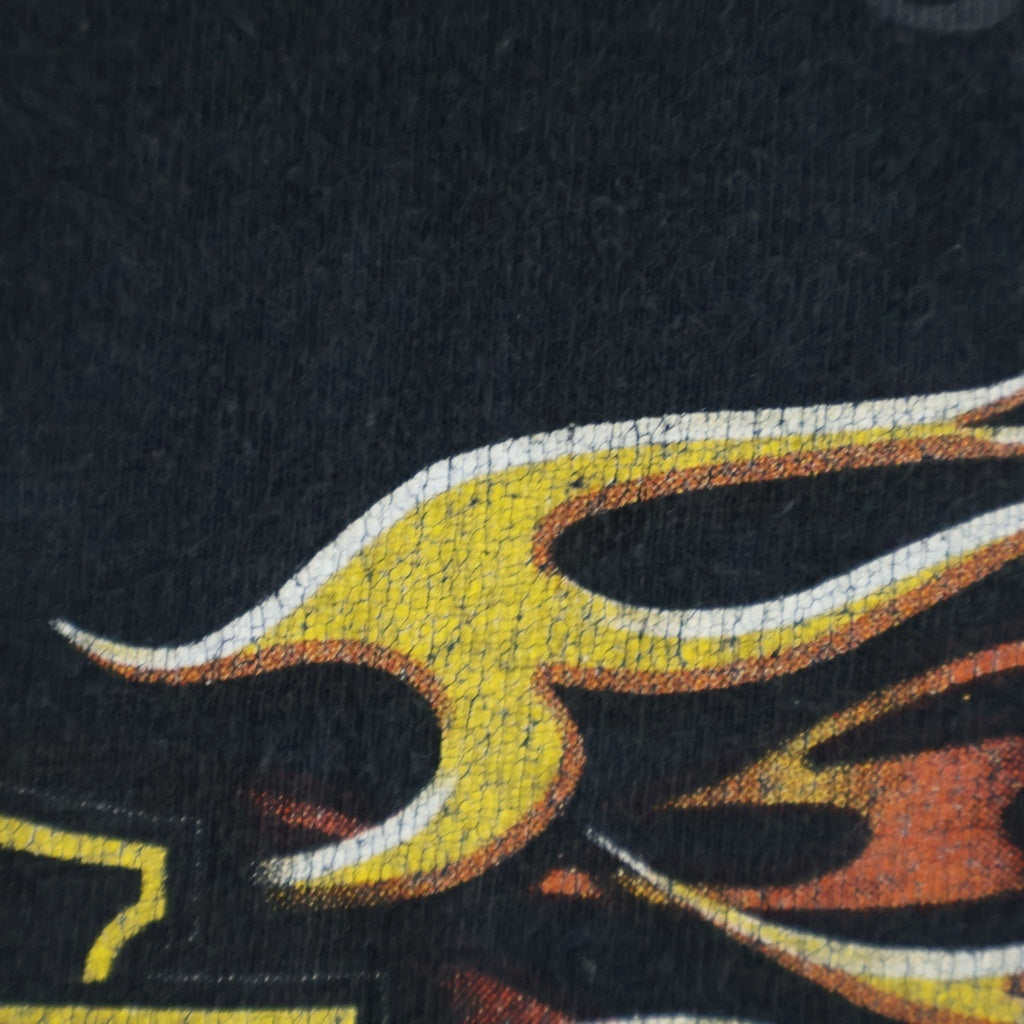 HARLEY DAVIDSON(ハーレーダビッドソン) USA製 ファイヤーパターン ロゴ両面プリント フロントポケットTシャツ 半袖カットソー ブラック