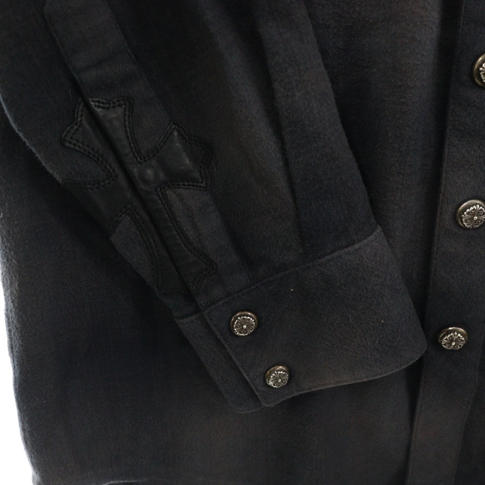 CHROME HEARTS(クロムハーツ) WESTN ウエスタンフローラルボール ボタン レザー切り替え袖クロスパッチ長袖チェック シャツJVPタグオールド ブラック