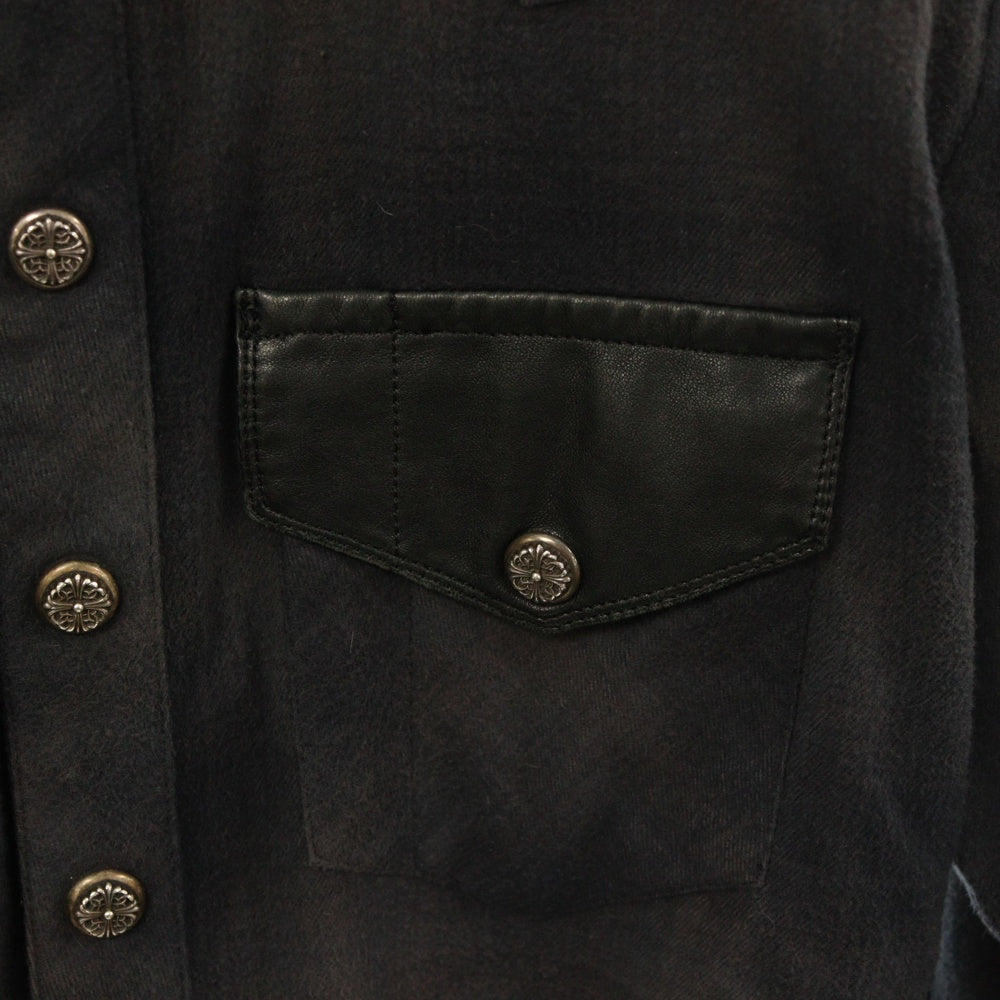 CHROME HEARTS(クロムハーツ) WESTN ウエスタンフローラルボール ボタン レザー切り替え袖クロスパッチ長袖チェック シャツJVPタグオールド ブラック
