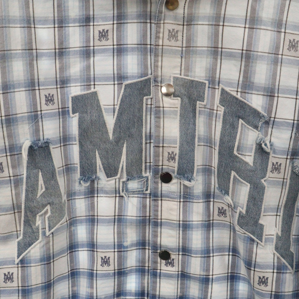 AMIRI(アミリ) 24AW Hooded Overshirt フロントロゴ刺繍 フードシャツ ブルー HOODED OVERSHIRT / CERULEAN