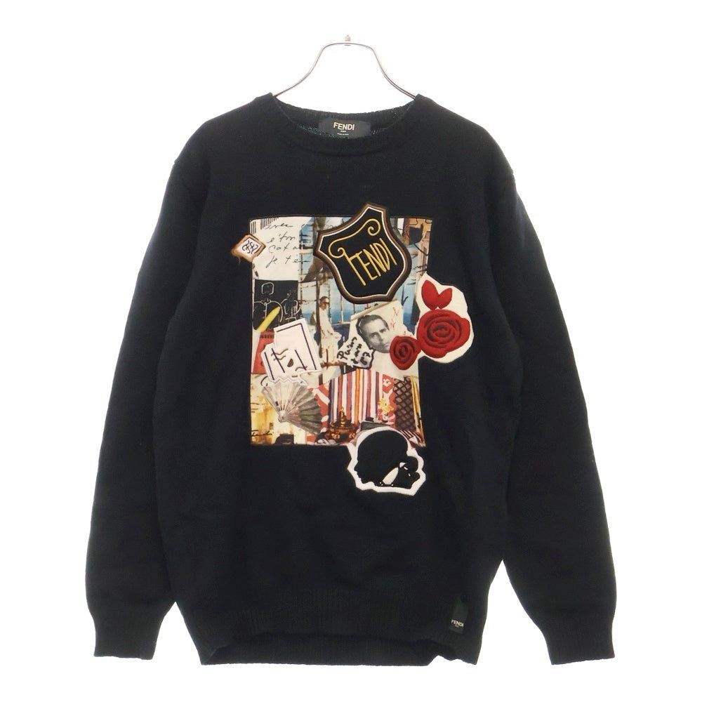 FENDI(フェンディ) GIROCOLLO KARL KOLLAGE AMB CO FZY020 立体ワッペン刺繍 クルーネックニット長袖セーター ブラック