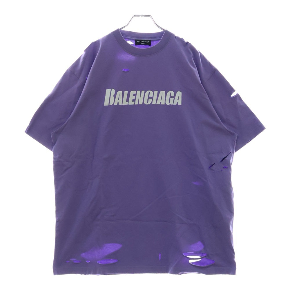 BALENCIAGA(バレンシアガ) 21SS デストロイ加工 ロゴプリント 半袖Tシャツ カットソー パープル651795 TKVB8