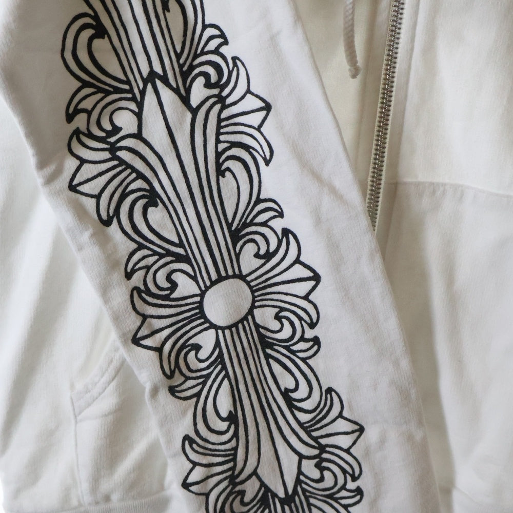 CHROME HEARTS(クロムハーツ) OLD Horseshoe Floral Dagger Zip Up Hoodie オールド ホースシュー 袖フローラル プリント ダガージップアップ フーディ パーカー ホワイト レディース