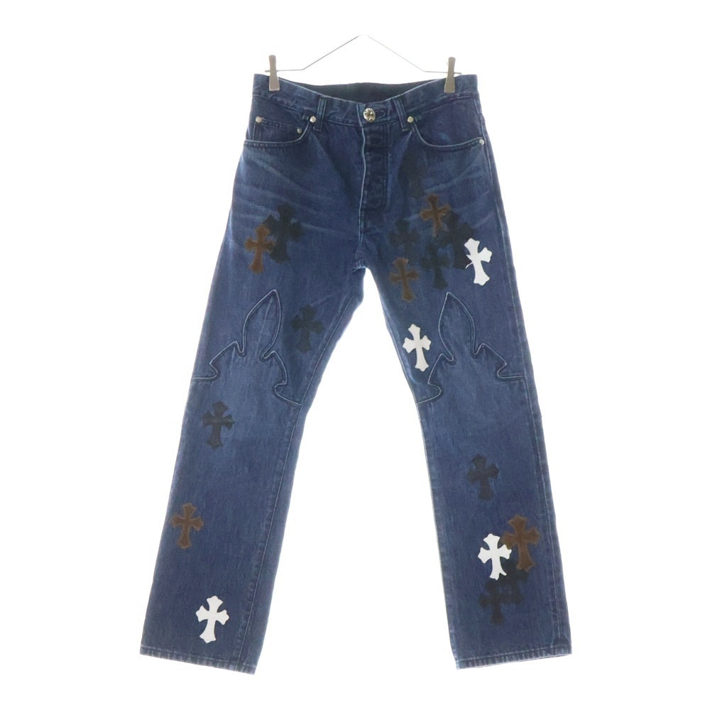 CHROME HEARTS(クロムハーツ) JEAN SL FLEURKNEE クロスパッチ付きフレアニーステッチデニムパンツ インディゴ