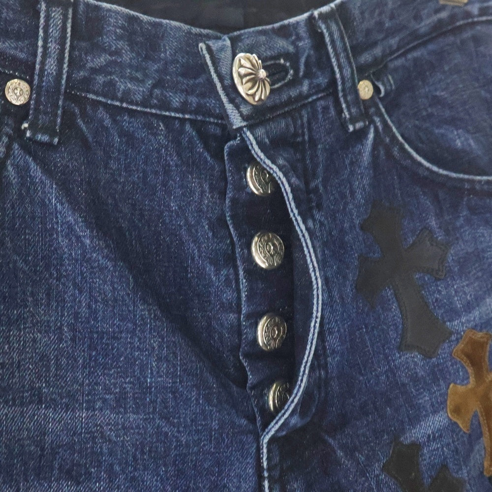 CHROME HEARTS(クロムハーツ) JEAN SL FLEURKNEE クロスパッチ付きフレアニーステッチデニムパンツ インディゴ