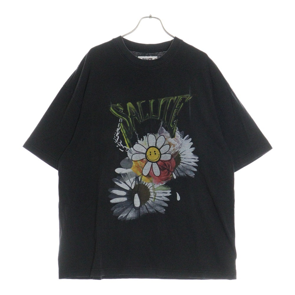 SALUTE(サルーテ) VINTAGE WASHED TEE ヴィンテージ加工 花柄デザイン プリントTシャツ ブラック