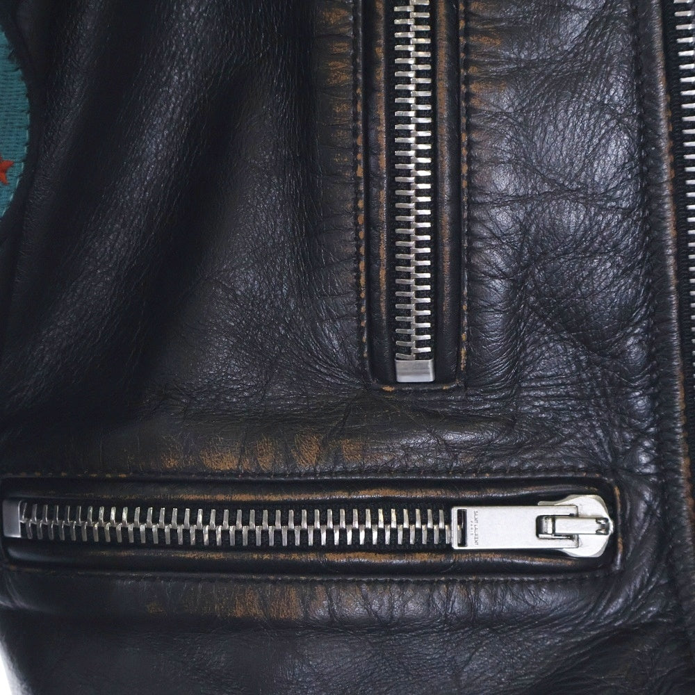 SAINT LAURENT PARIS(サンローランパリ) ワッペン付き ダメージ加工 ダブルライダースレザージャケット 483224 YC1EP ブラック