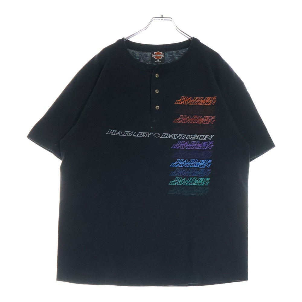 HARLEY DAVIDSON(ハーレーダビッドソン) 90s Harley Davidson Polo Rainbow Logo Tee ハーレーダビッドソン ポロレインボーロゴTシャツ ブラック ヘンリーネック