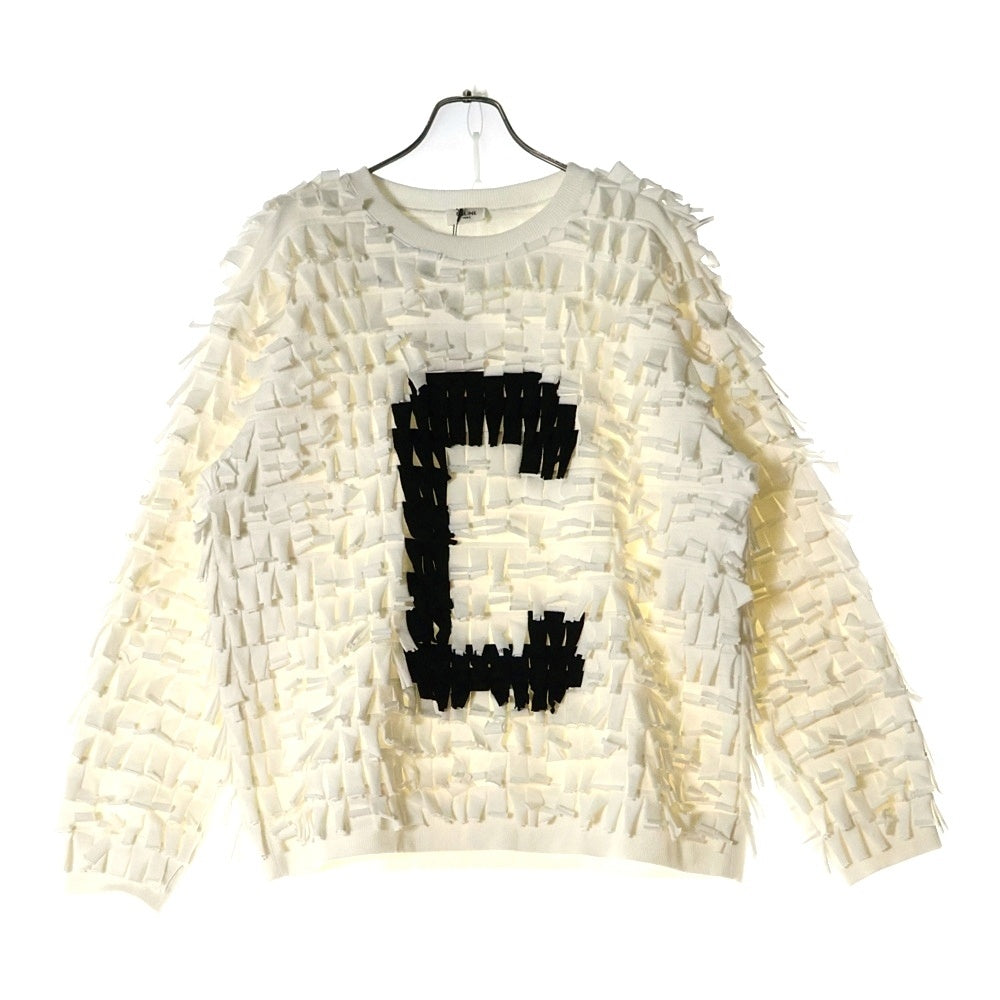 CELINE(セリーヌ) 22AW オーバーサイズ Cロゴアップリケ フリンジ コットンブレンド 長袖スウェット トレーナー 2Y912670Q ホワイト