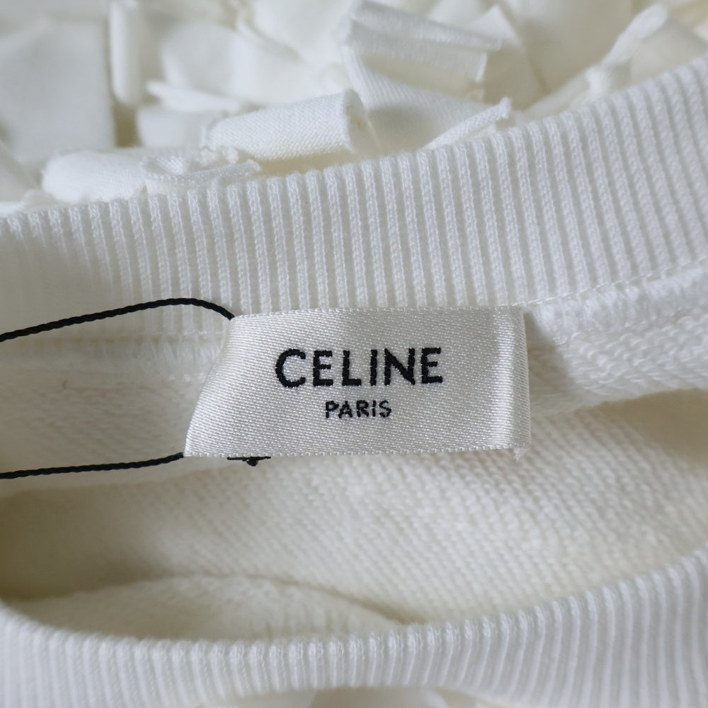 CELINE(セリーヌ) 22AW オーバーサイズ Cロゴアップリケ フリンジ コットンブレンド 長袖スウェット トレーナー 2Y912670Q ホワイト