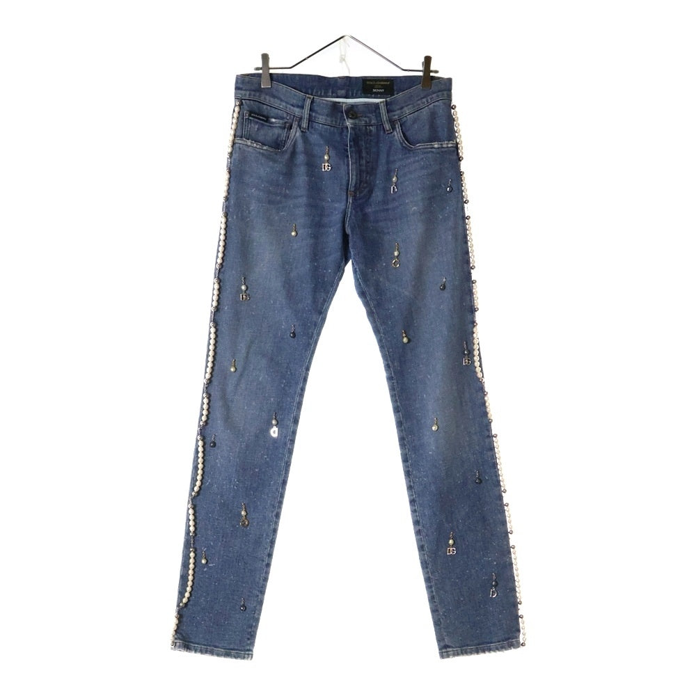 DOLCE & GABBANA(ドルチェアンドガッバーナ) DG Silver Metal Logo Pearl Pendant Jeans Pants SLIM G8EE3 メタルロゴ パールペンダント スリムジーンズ ブルー