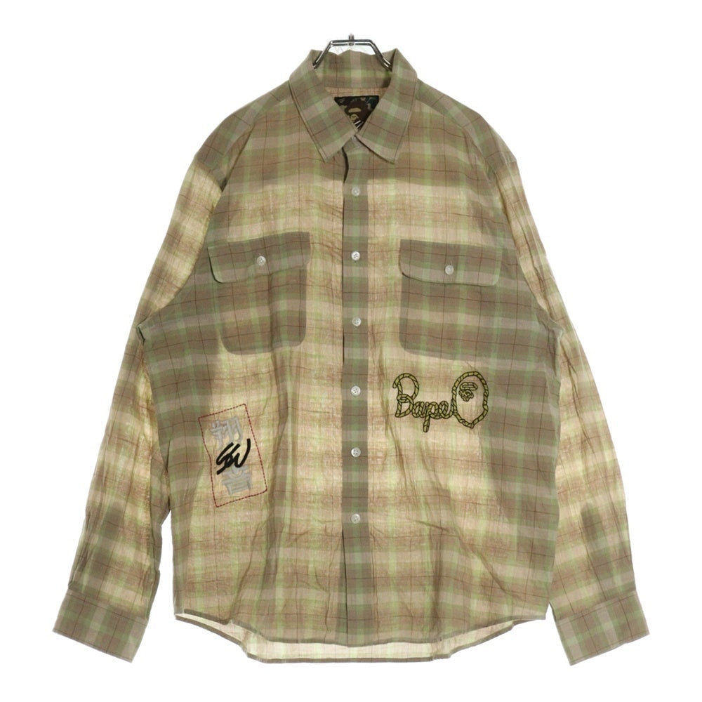 A BATHING APE(アベイシングエイプ) ×SEAN WOTHERSPOON EMBROIDERY CHECK SHIRT 001SHK231903C ×ショーンウェザスプーン エンブロイダリー チェックシャツ 長袖 ベージュ