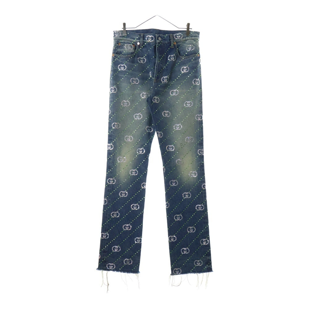 GUCCI(グッチ) Crystal Interlocking G Denim Pant インターロッキング GGロゴ 総柄 クリスタル装飾 デニムパンツ インディゴ 760957 XDCOT